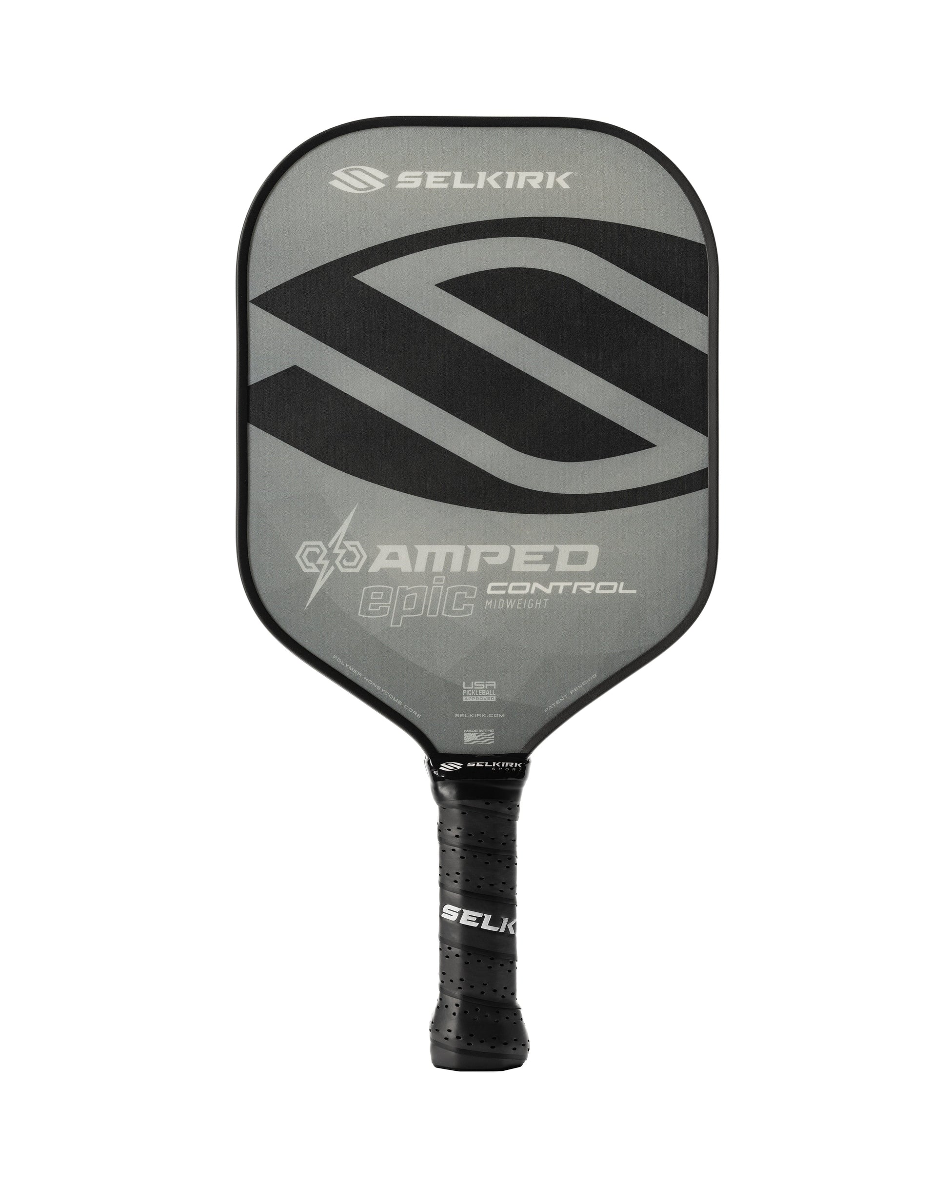 The Selkirk AMPED Control Epic 16mm Pickleball Paddle features a black grip and prominent "AMPED Epic Control" branding.