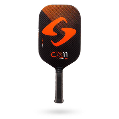 An orange and black Gearbox CX11 Elongated Pickleball Paddle with a prominent "s" logo and the text "CX11 Elongated Control" displayed on its surface, isolated on a white background.