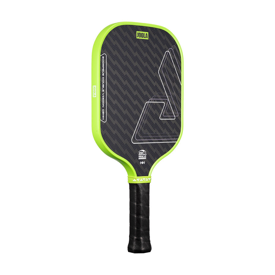 The JOOLA Double Vision Scorpeus 16mm Pickleball Paddle for advanced players showcases a black and neon green geometric design, textured face, and black grip handle, set against a white background.