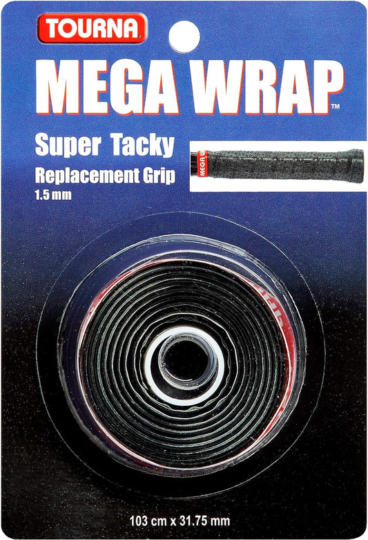 Packaging of Tourna MEGA WRAP® Replacement Grip, 1.5 mm thick and 103 cm in length. The product is a rolled black grip tape displayed on a blue and white background.