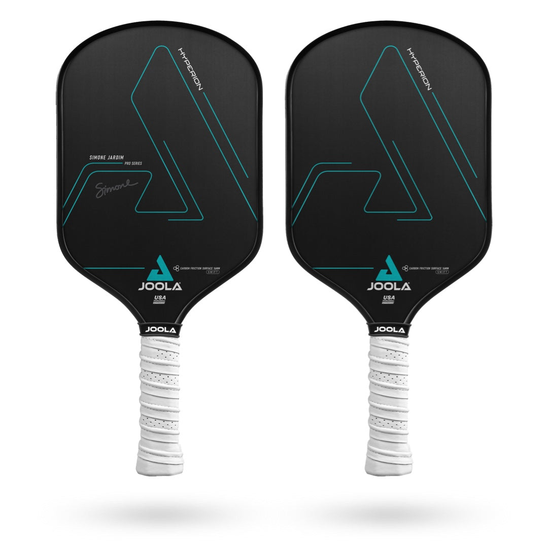 A pair of JOOLA Simone Jardim Hyperion CFS 16 Swift Pickleball Paddles with a blue and black design featuring a HYPERFOAM EDGE WALL.