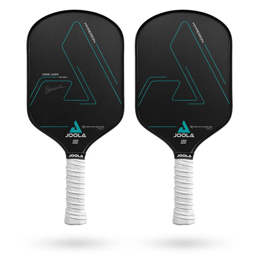 Two black JOOLA Simone Jardim Hyperion CFS 16 Swift Pickleball Paddles with white grips and teal geometric designs on the faces, showcased against a white background. The paddles feature an AERO-CURVE design for improved aerodynamics and precision.