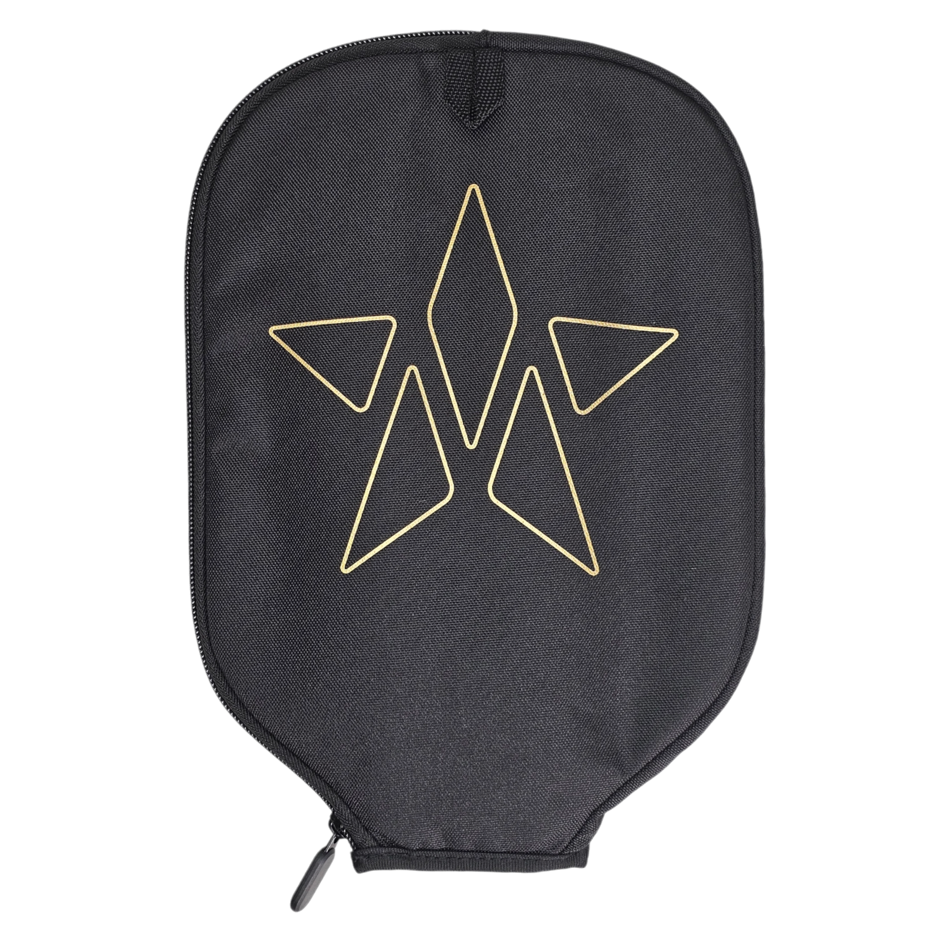 Master Athletics Premium Canvas Pickleball Cover/Case features a black zippered pouch with a geometric star design in gold lines on the front.