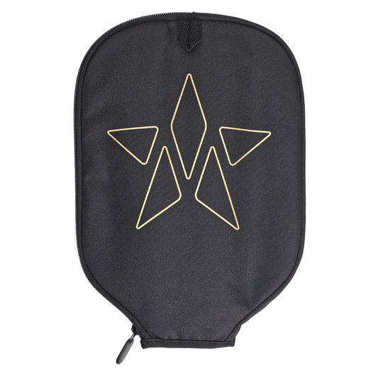 Master Athletics Premium Canvas Pickleball Cover/Case features a black zippered pouch with a geometric star design in gold lines on the front.