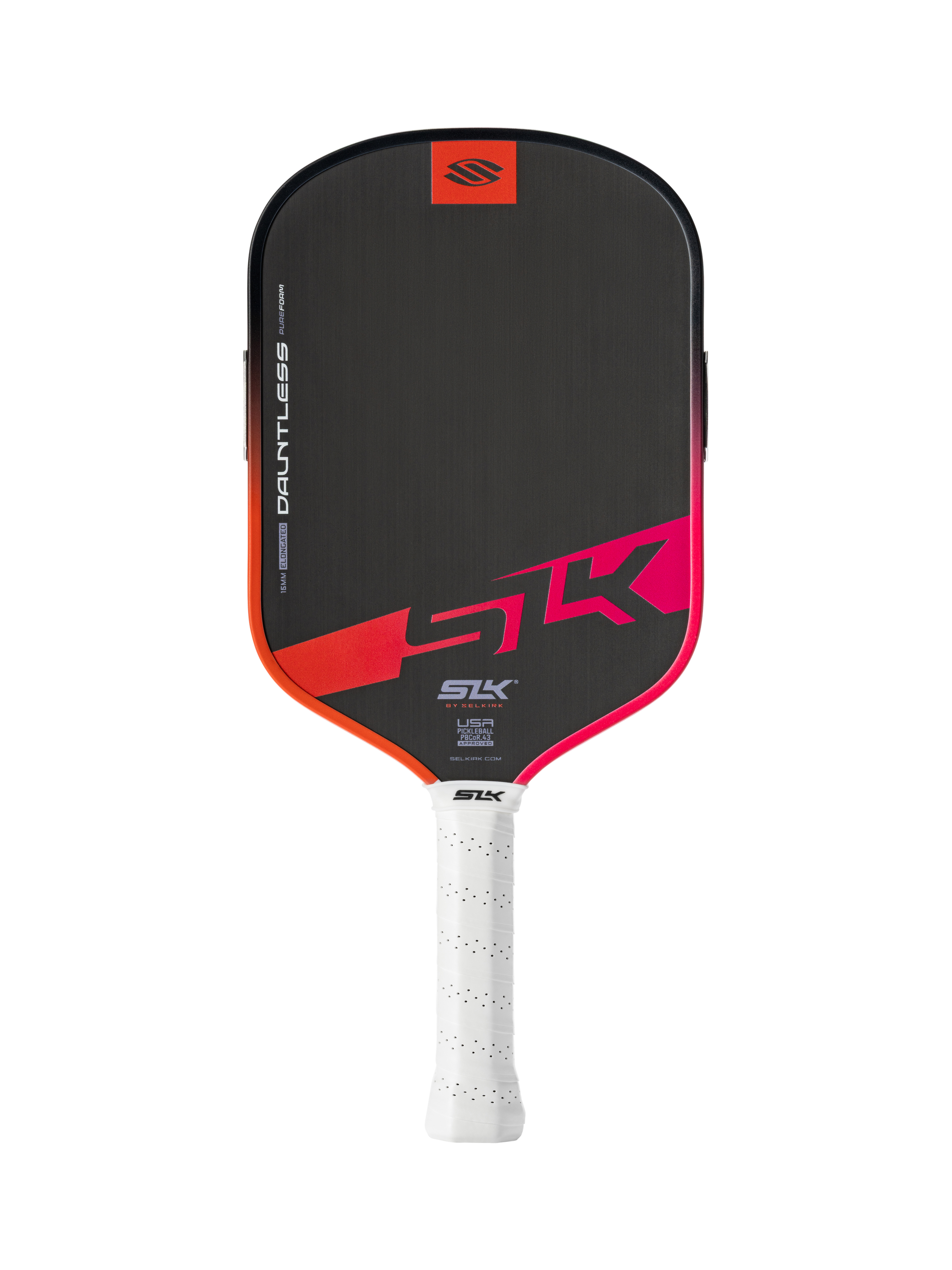 A black and red Selkirk SLK Dauntless Elongated 16mm Pickleball Paddle with a white perforated grip labeled "Dauntless" stands vertically against a plain white background.