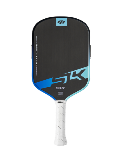 A black and blue Selkirk SLK Dauntless Elongated 16mm Pickleball Paddle with a white perforated grip is displayed against a plain white background.
