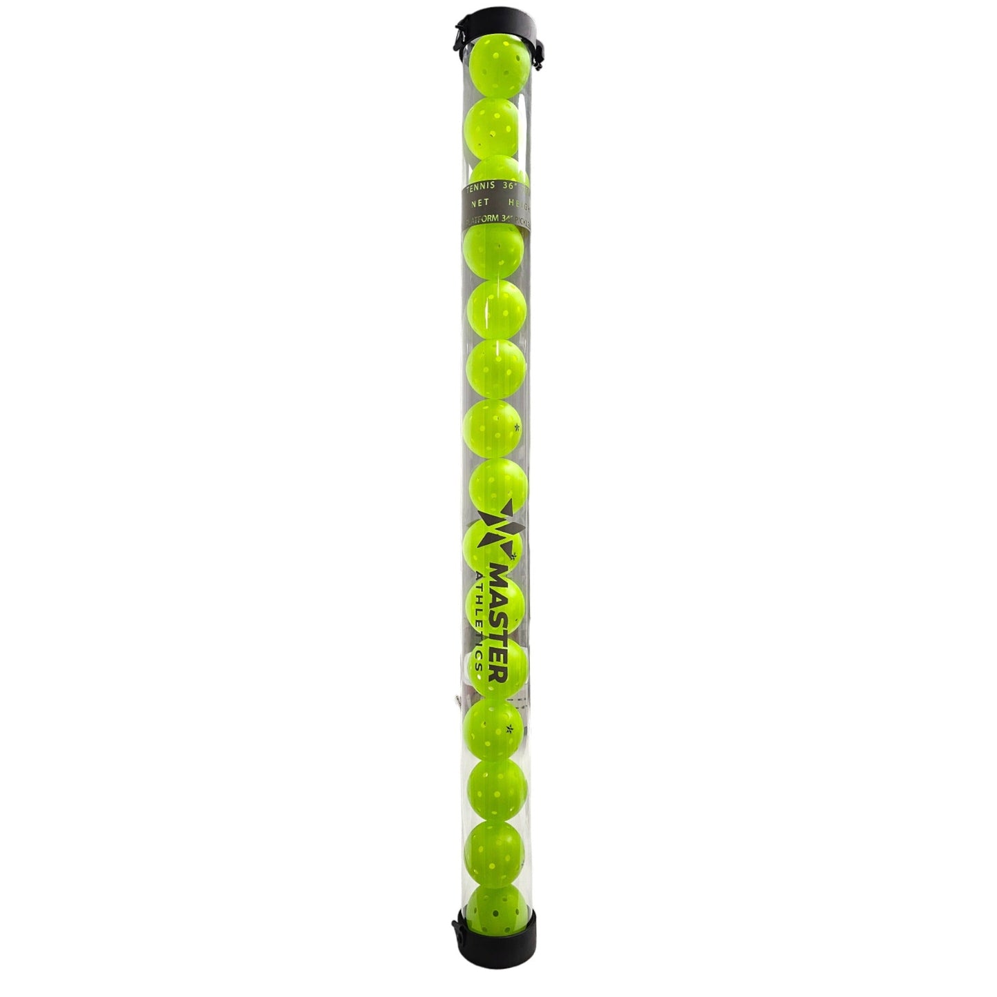 The Master Athletics Multi Sport Ball Hopper Pickleball Ball Tube by Master Athletics contains 18 vertically stacked green pickleball balls within a transparent tube.