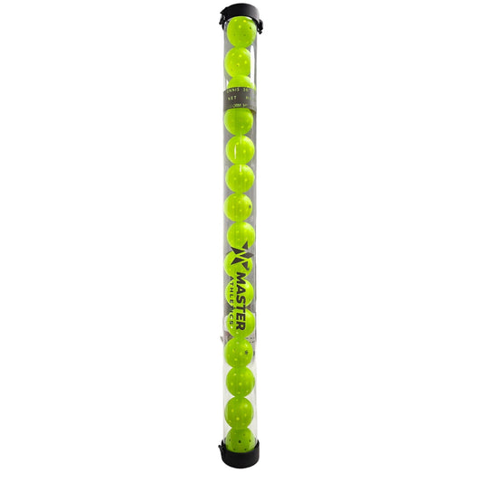 The Master Athletics Multi Sport Ball Hopper Pickleball Ball Tube by Master Athletics contains 18 vertically stacked green pickleball balls within a transparent tube.