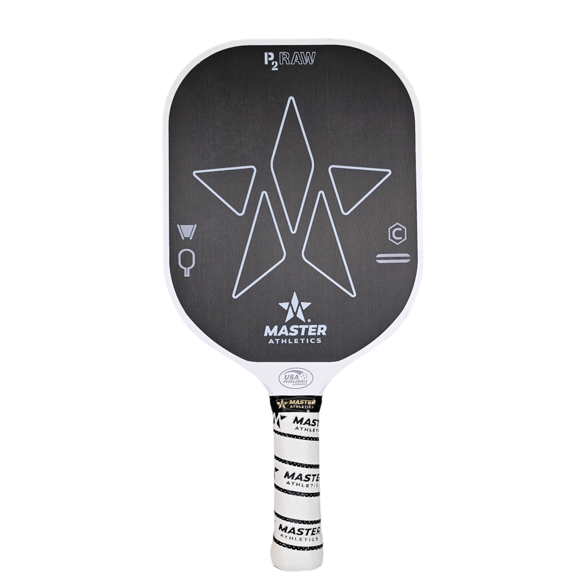 The Master Athletics P2 RAW Carbon Fiber 14mm Pickleball Paddle features a sleek black design with white geometric patterns and comes with a wrapped grip.