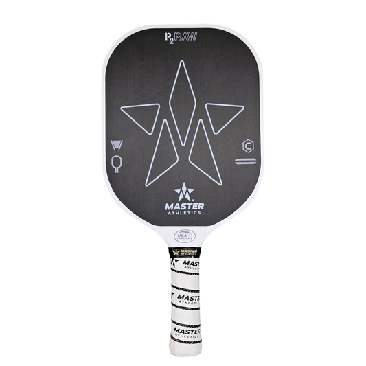 The Master Athletics P2 RAW Carbon Fiber 14mm Pickleball Paddle features a sleek black design with white geometric patterns and comes with a wrapped grip.