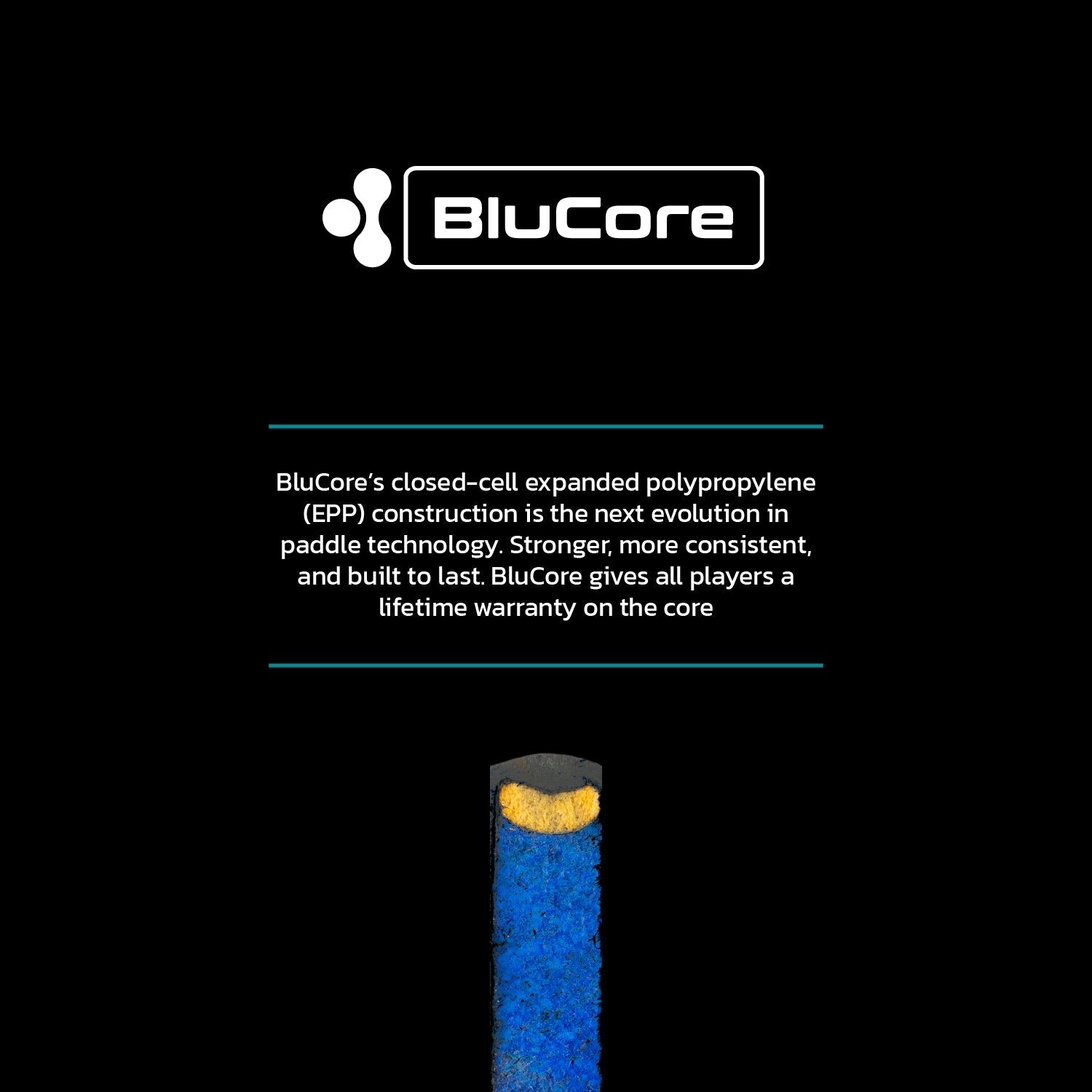 The Diadem Warrior BluCore Max Widebody 19mm Pickleball Paddle features a cross-section showing BluCore’s closed-cell expanded polypropylene core for top strength, consistency, and is backed by a lifetime warranty.