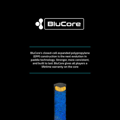The Diadem Warrior BluCore Max Widebody 19mm Pickleball Paddle features a cross-section showing BluCore’s closed-cell expanded polypropylene core for top strength, consistency, and is backed by a lifetime warranty.