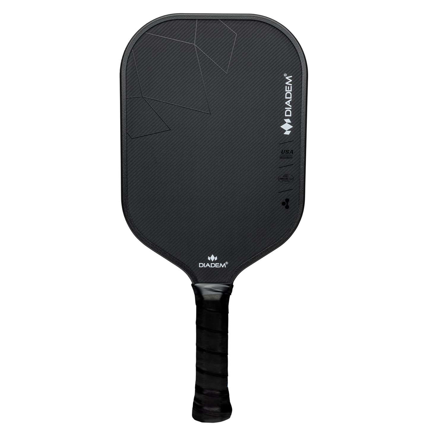 The Diadem Warrior BluCore Pro Elongated 19mm Pickleball Paddle features a sleek black design with textured surface, geometric lines, and bold Diadem branding—an eye-catching option for standout performance in your next match.