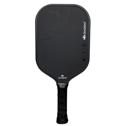 The Diadem Warrior BluCore Pro Elongated 19mm Pickleball Paddle features a sleek black design with textured surface, geometric lines, and bold Diadem branding—an eye-catching option for standout performance in your next match.