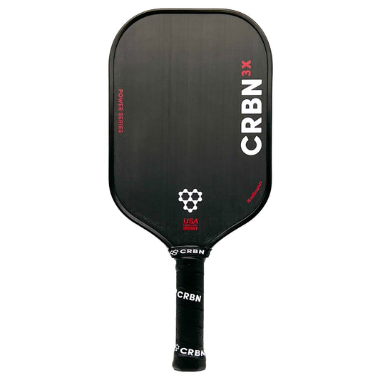 A black paddle with the word CRBN 3x - 16mm Pickleball Paddle on it.