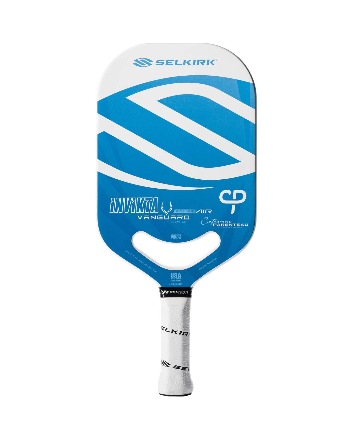 Blue and white Pickleballist Selkirk Power Air Invikta high-performance pickleball paddle with logo branding and grip details.