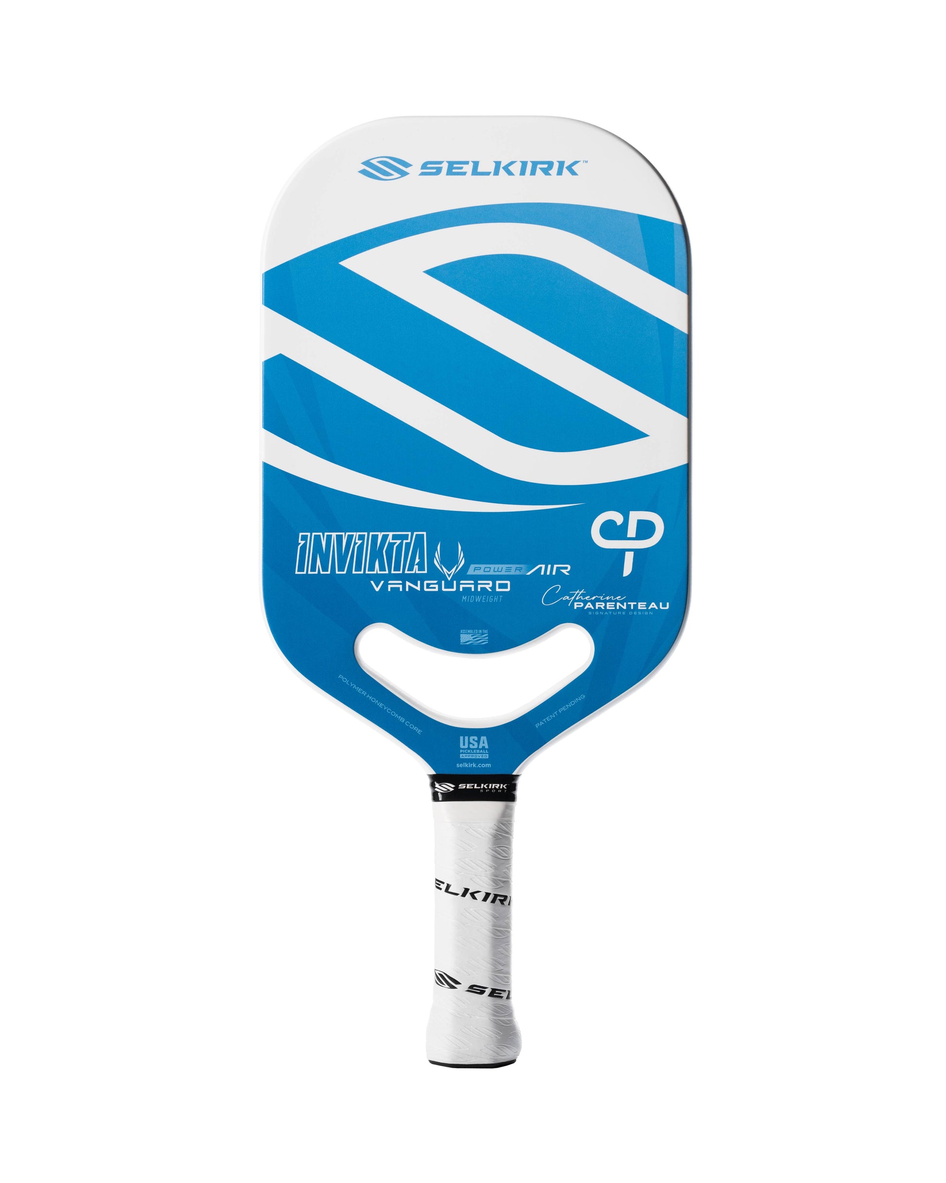 A Selkirk Power Air Invikta pickleball paddle with a blue and white design from Selkirk Sport.