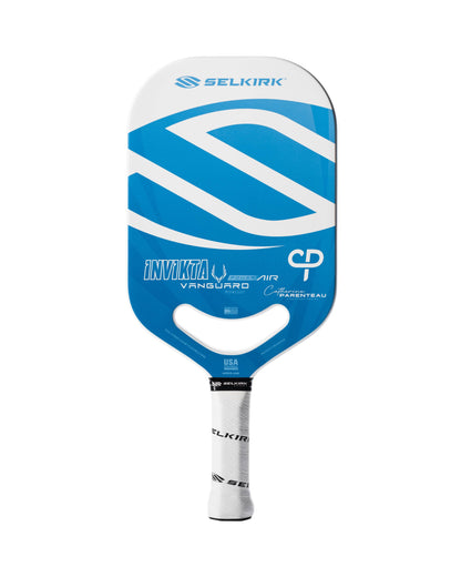 A high-performance Pickleballist Power Air Invikta pickleball paddle, blue and white with branding logos, isolated on a white background.