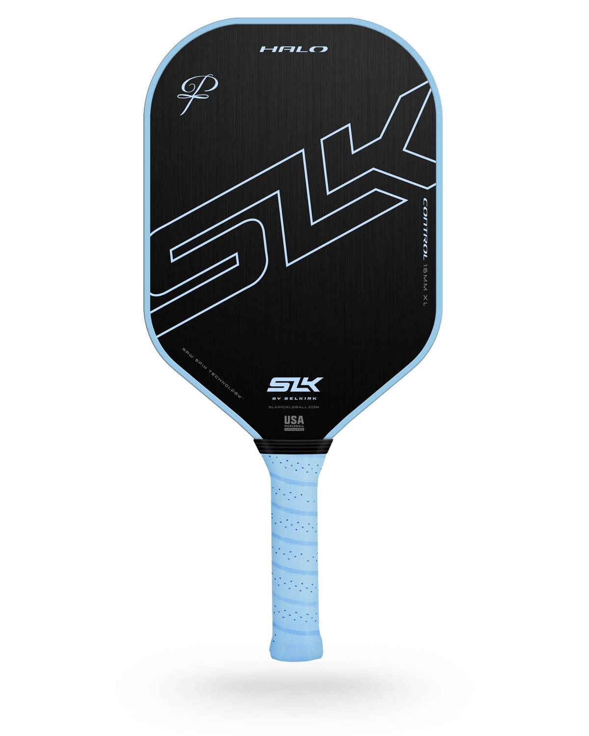A black and blue Selkirk SLK Halo XL Pickleball Paddle with the word slk on it.