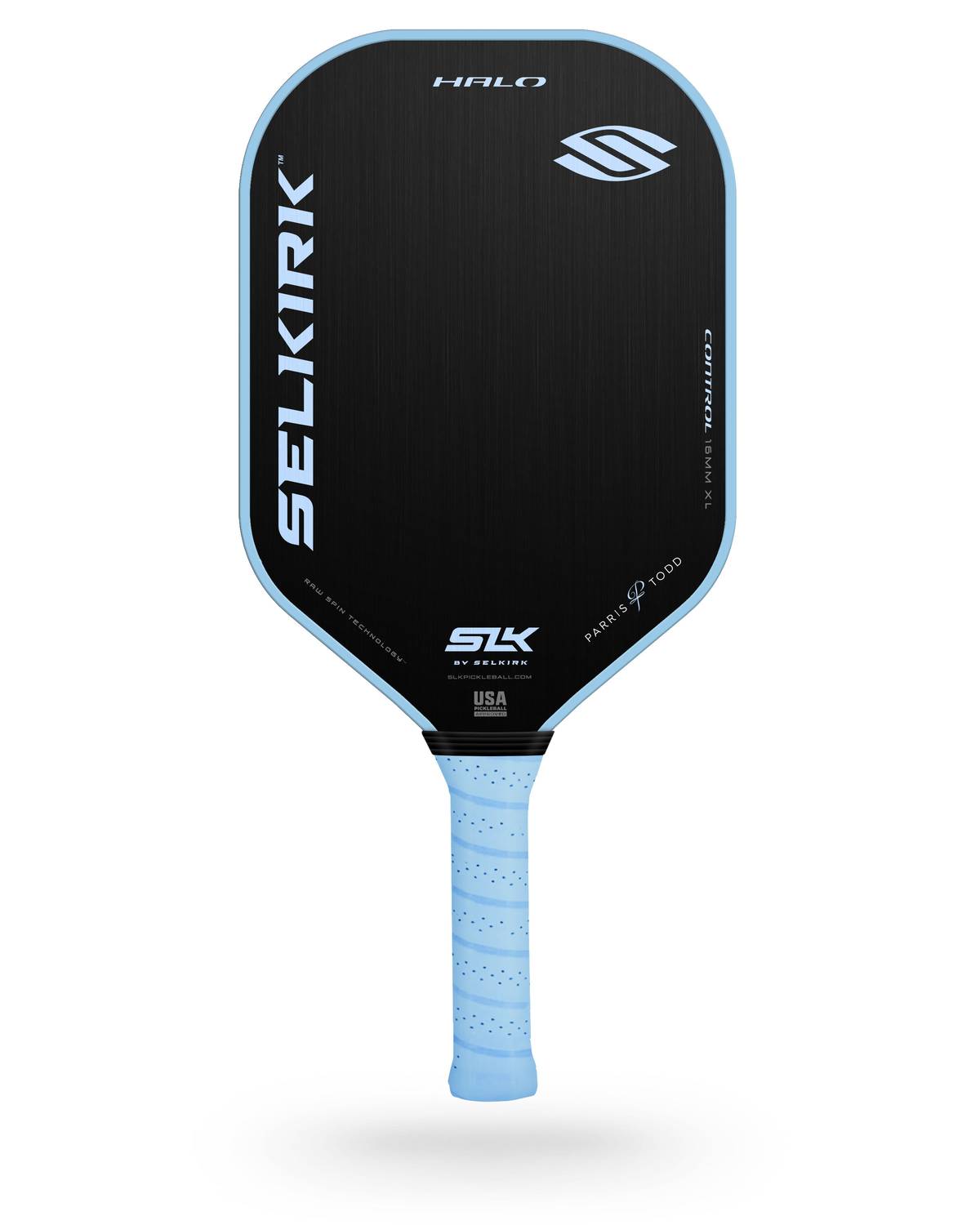 A Selkirk SLK Halo XL Pickleball Paddle with a blue handle.