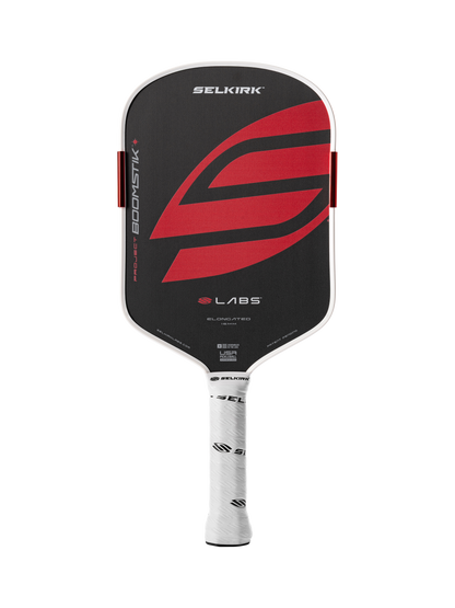 The Selkirk LABS Project Boomstik Elongated 16mm Pickleball Paddle with Infinigrit features a black design with red graphics and a white handle, photographed on a white background—ideal for players seeking advanced spin and control.