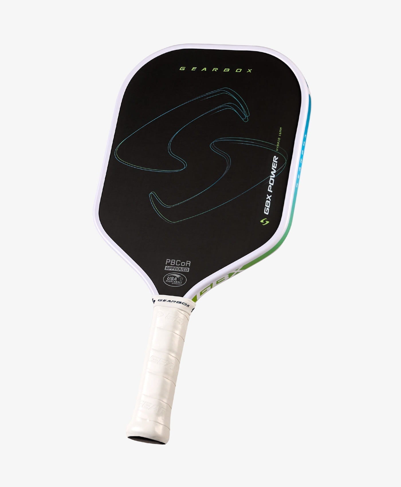 The Gearbox Sports GBX Power Hybrid - 16mm Gen-3 Honeycomb pickleball paddle is shown with a black face, white handle, green and blue accents, the Gearbox logo, and a honeycomb core against a plain white background.