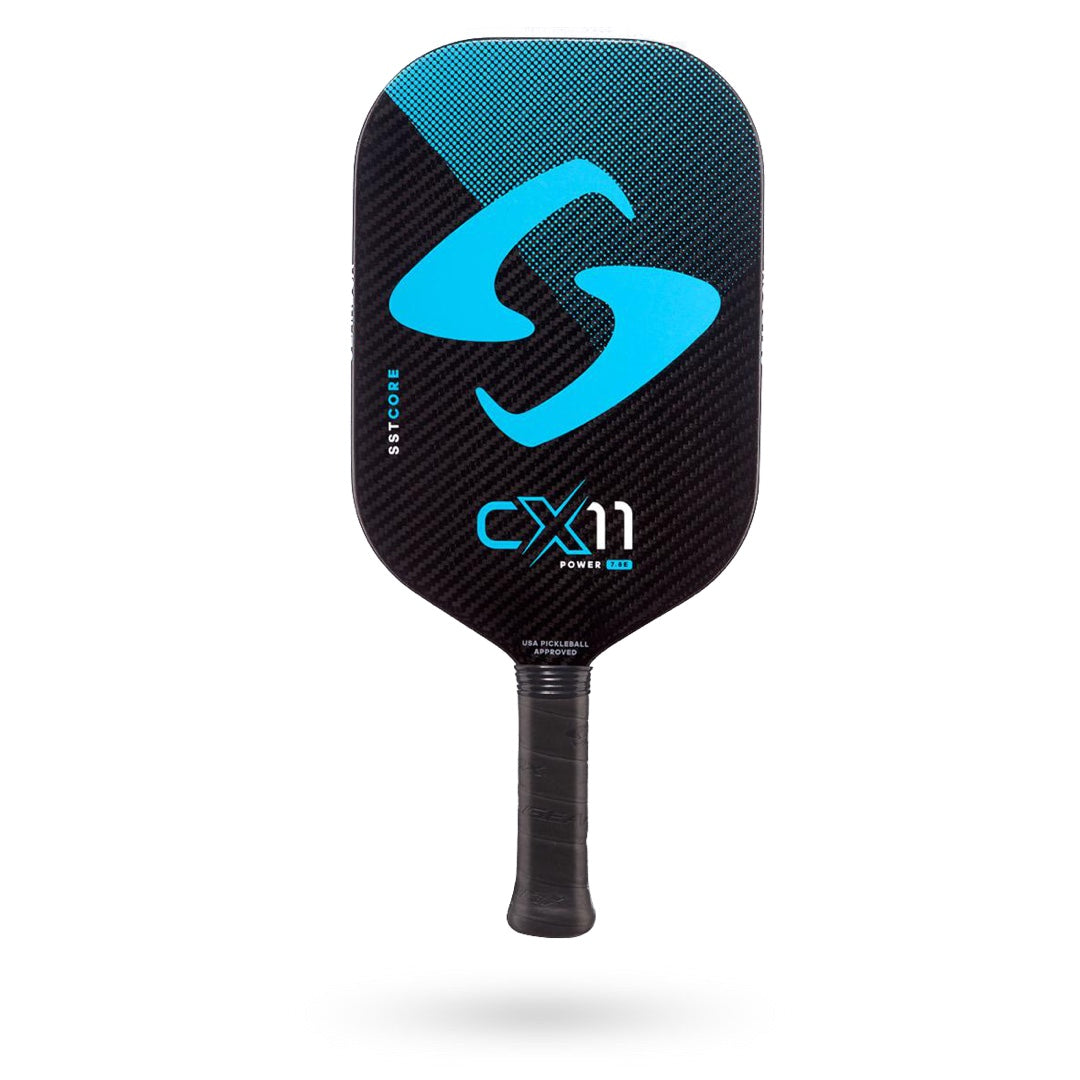 Black and blue Pickleballist Gearbox CX11 Elongated Power pickleball paddle with a carbon fiber texture and a prominent "s" logo, isolated on white background.