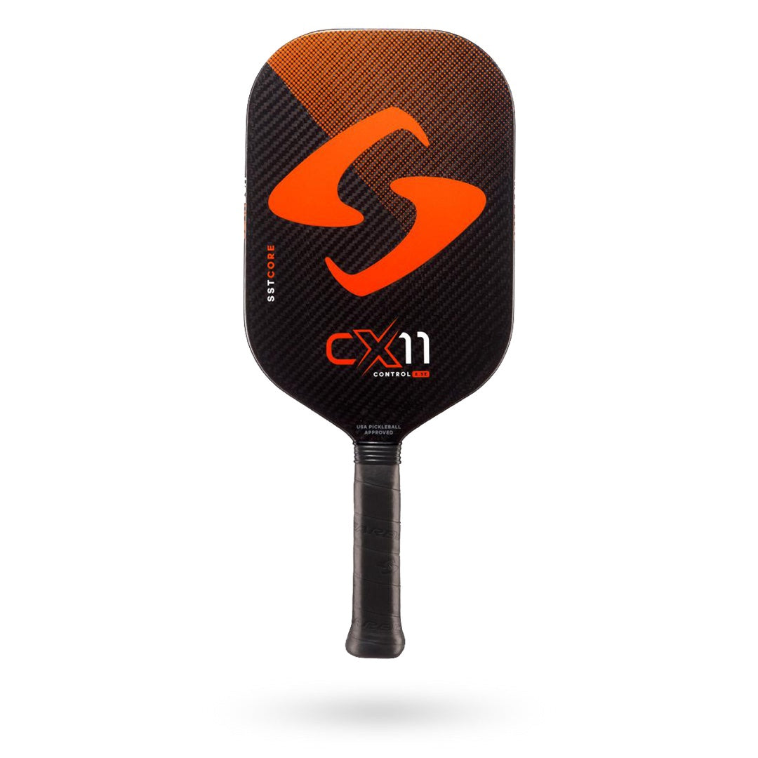 Black and orange Pickleballist pickleball paddle with "s" logo and "Gearbox CX11 Elongated Power" text on the surface, isolated on a white background.