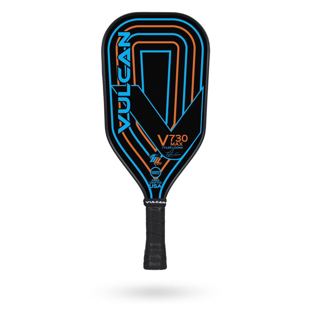 The Tyler Loong signature model, Vulcan V730 MAX Pickleball Paddle, features a black handle and a striking black, blue, and orange design for maximum power and control.