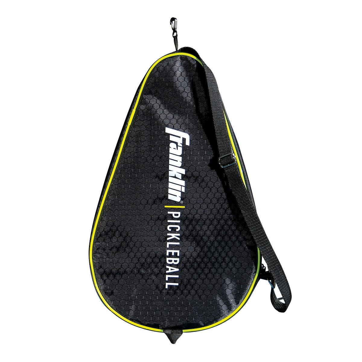 A black and yellow Franklin tennis bag with a padded carry strap.