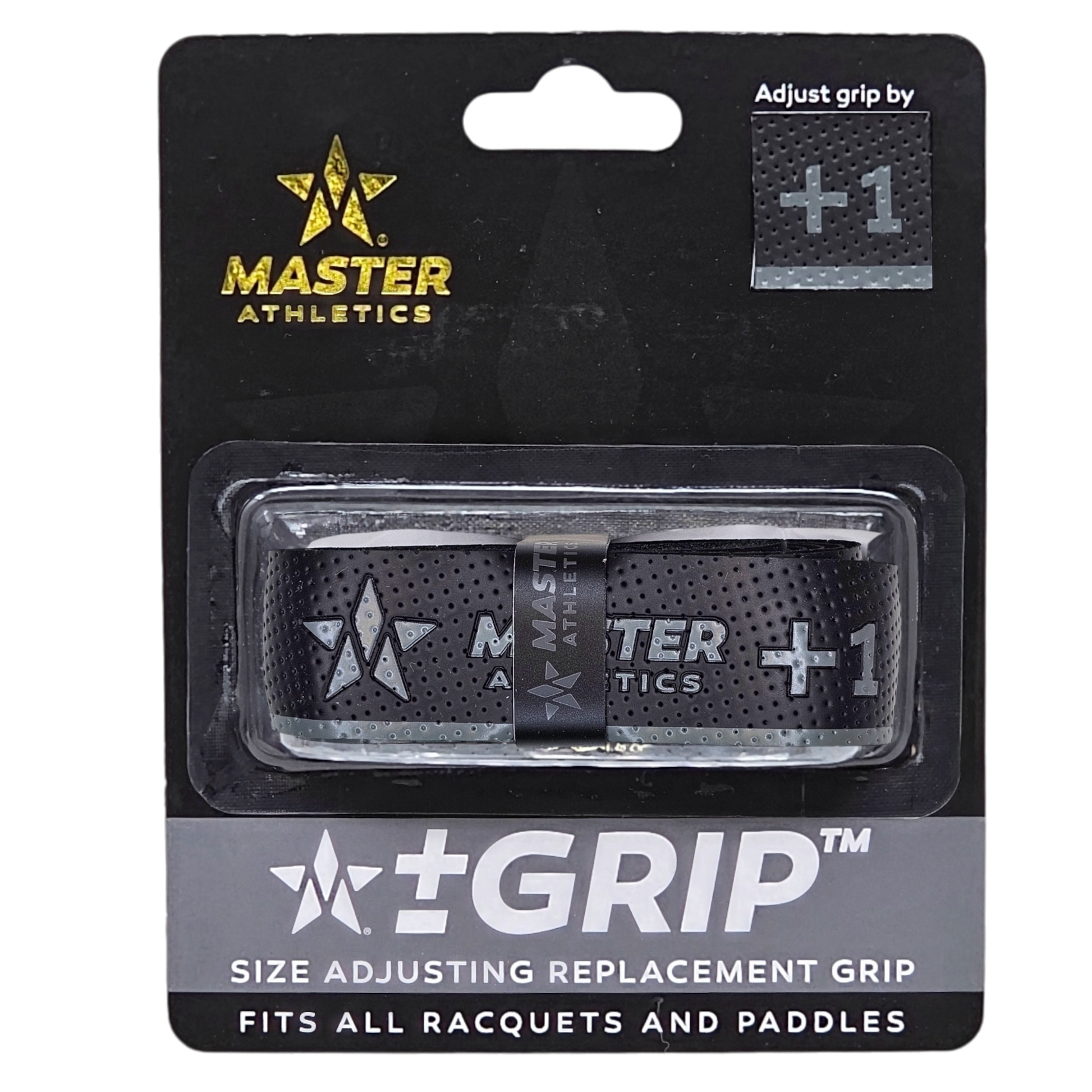 Packaging for the Master Athletics +-Grip™ Size Adjusting Replacement Grip, suitable for racquets and paddles.