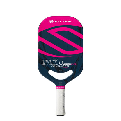 A Pickleballist Selkirk Power Air Invikta high-performance pickleball paddle in pink and dark blue with white grip and brand logos.