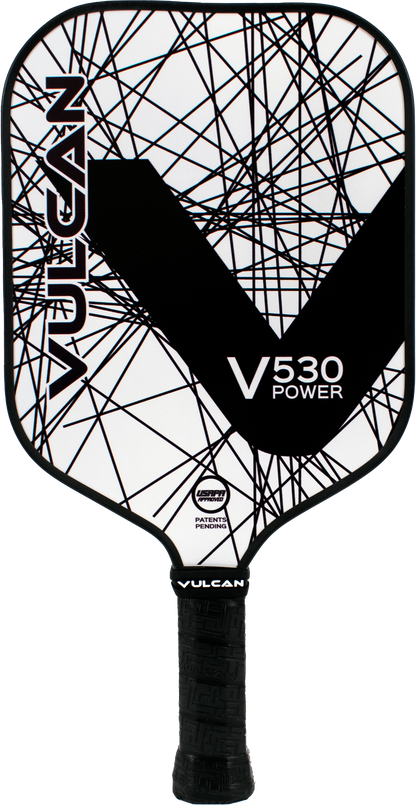 The Vulcan V530 Power Pickleball Paddle flaunts a sleek Black Lazer geometric design on a white background. It boasts a black handle and prominently features the Vulcan logo, making it an eye-catching choice for serious players.