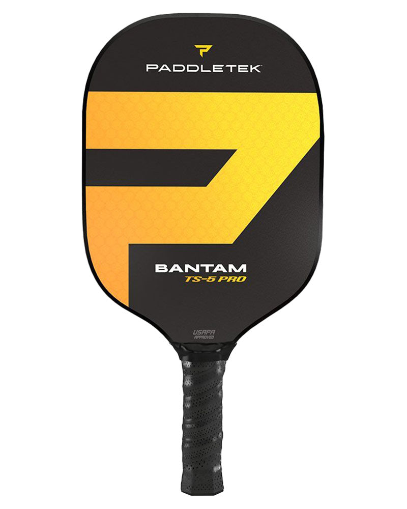 A Paddletek Bantam TS-5 Pro Pickleball paddle with a yellow and black design on a white background.