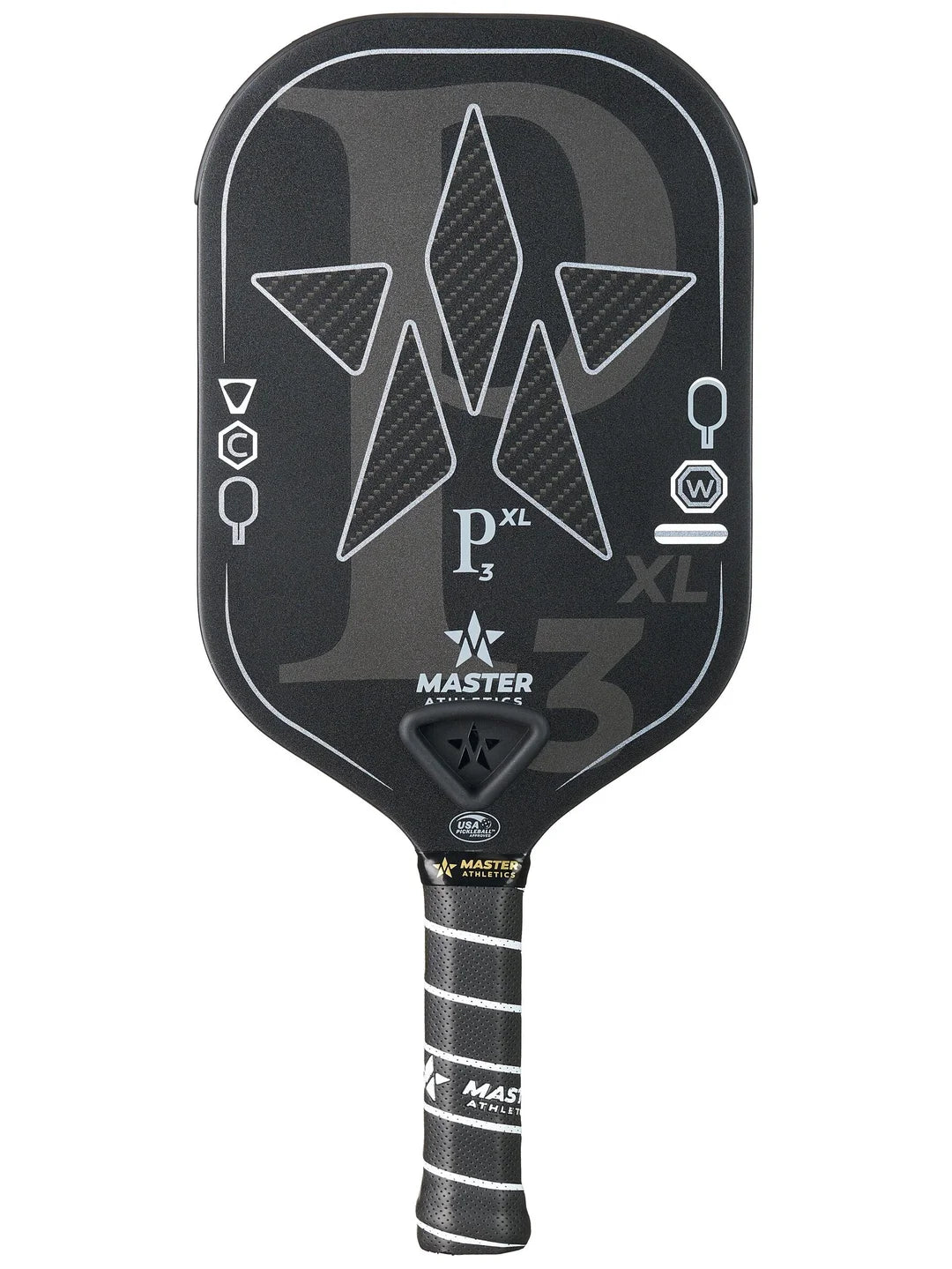 A black pickleball paddle with a large "P" and star design labeled "Master Athletics P3XL Pickleball Paddle & Tuning Kit". The handle is wrapped in a textured grip.