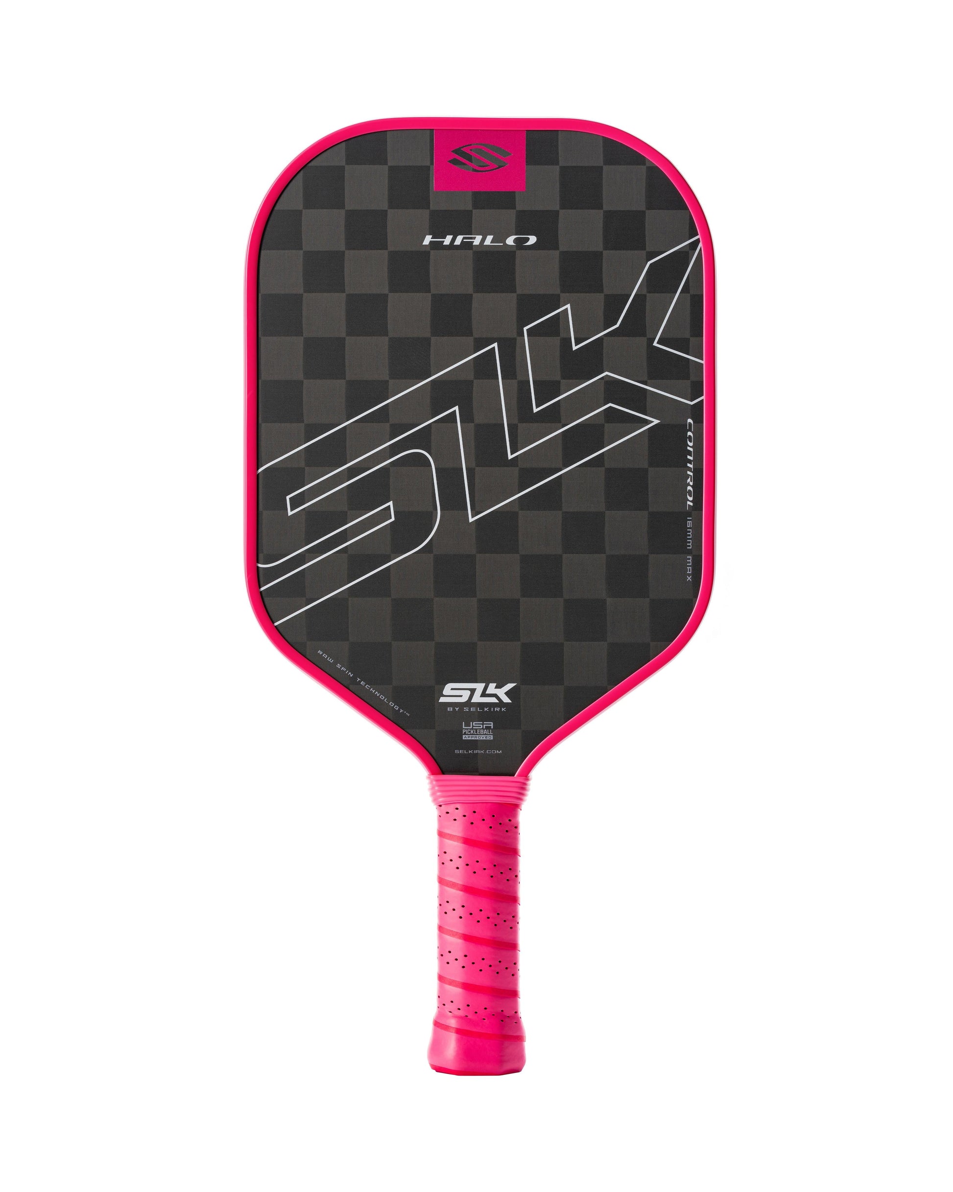 The Selkirk SLK HALO Max Control 16mm Pickleball Paddle features a black and pink design with the "SLK" logo and a distinctive checkered pattern on the surface, as well as a textured grip handle.