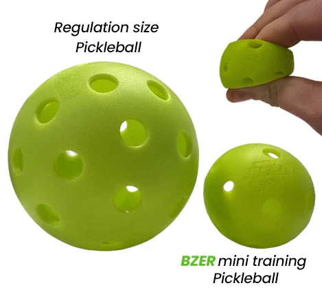 Image shows a standard yellow pickleball beside a smaller yellow BZER Mini Training Pickleball by Bzer Sports, ideal for training and hand-eye coordination, with one ball being held in hand.
