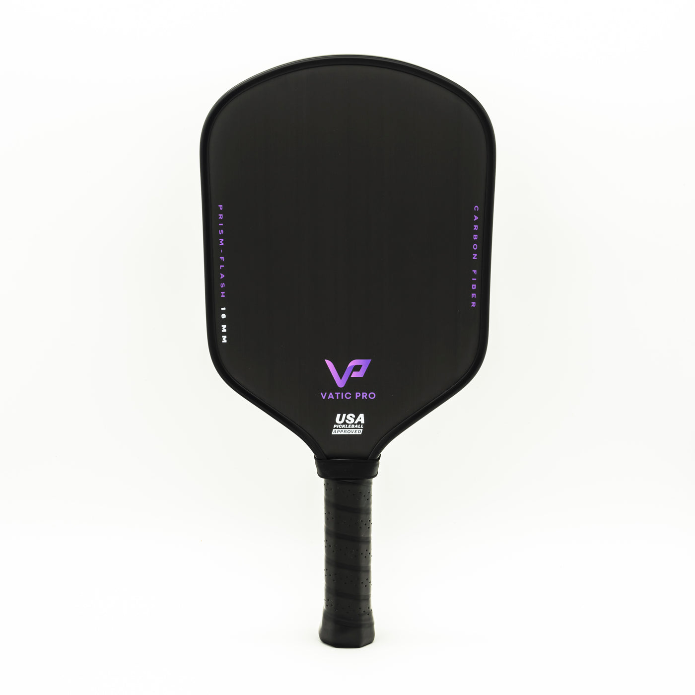 A black Vatic Prism Flash 16mm pickleball paddle with a textured handle, displaying the Vatic logo and USA Pickleball approved certification. Text on the paddle reads "Prism Flash 16MM" and "Carbon Fiber.