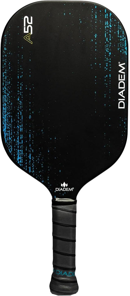 A Diadem A52 Pickleball Paddle with a black surface featuring blue streaks, marked with "ASE" and "Diadem" branding.