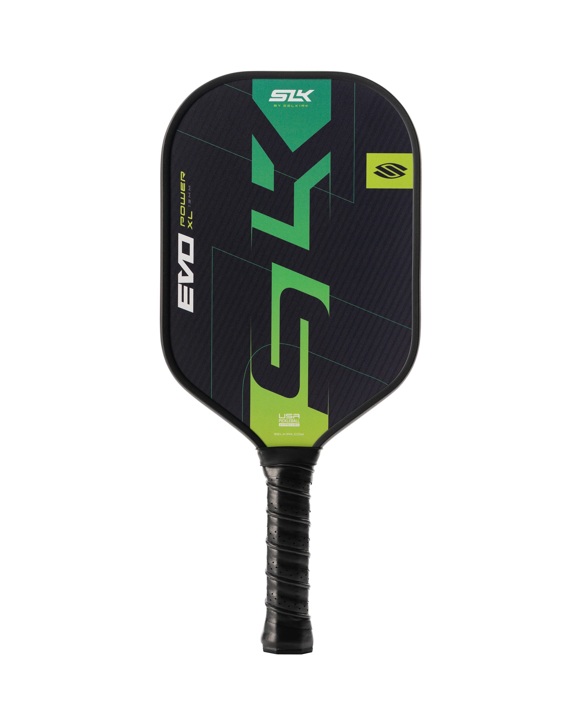 The Selkirk SLK EVO XL Power Pickleball Paddle is a black paddle with green and yellow graphics, designed for pickleball. The handle is wrapped in black grip tape, and the brand logo "SLK" is prominently displayed.