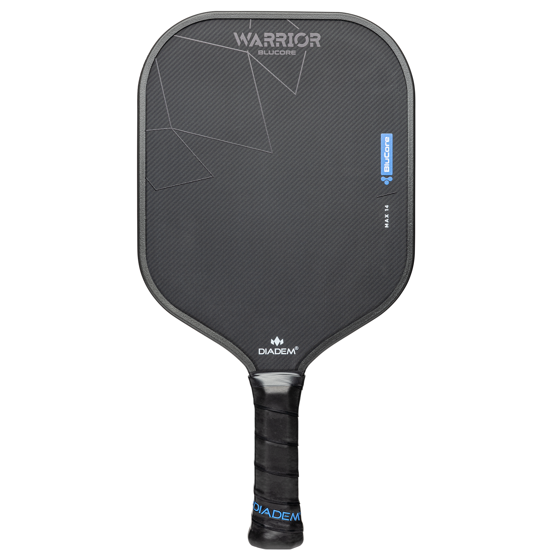 The Diadem Warrior BluCore Max Widebody 14mm Pickleball Paddle features a sleek design, textured surface, and wrapped handle—delivering top performance and style for any player.
