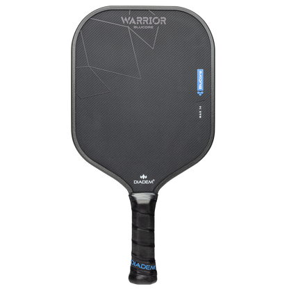 The Diadem Warrior BluCore Max Widebody 19mm Pickleball Paddle features a textured face, bold geometric design, and wrapped grip—showcasing Diadem's signature style and top performance for serious players.