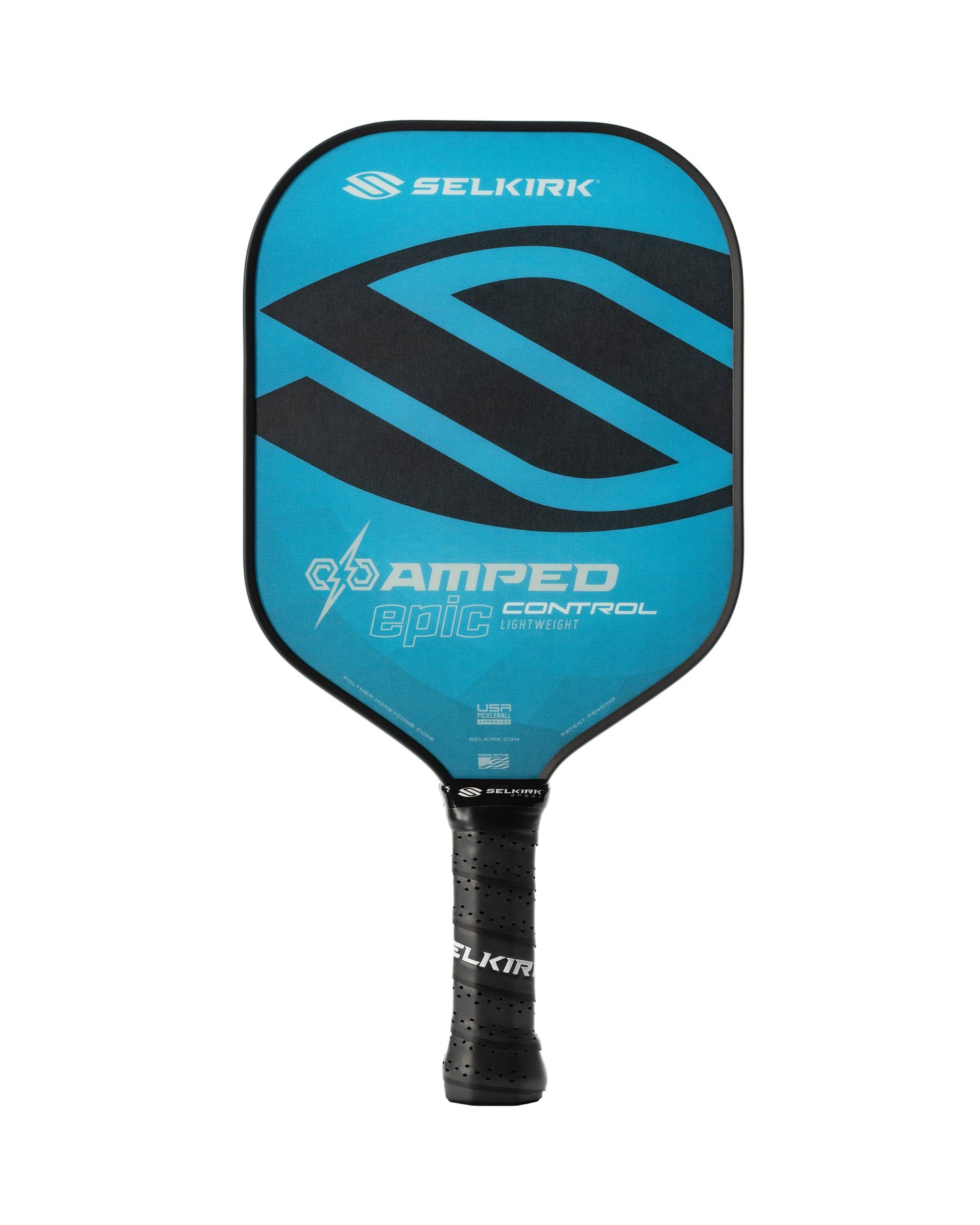 The Selkirk AMPED Control Epic 16mm pickleball paddle features a blue and black design with textured grip and branding details.