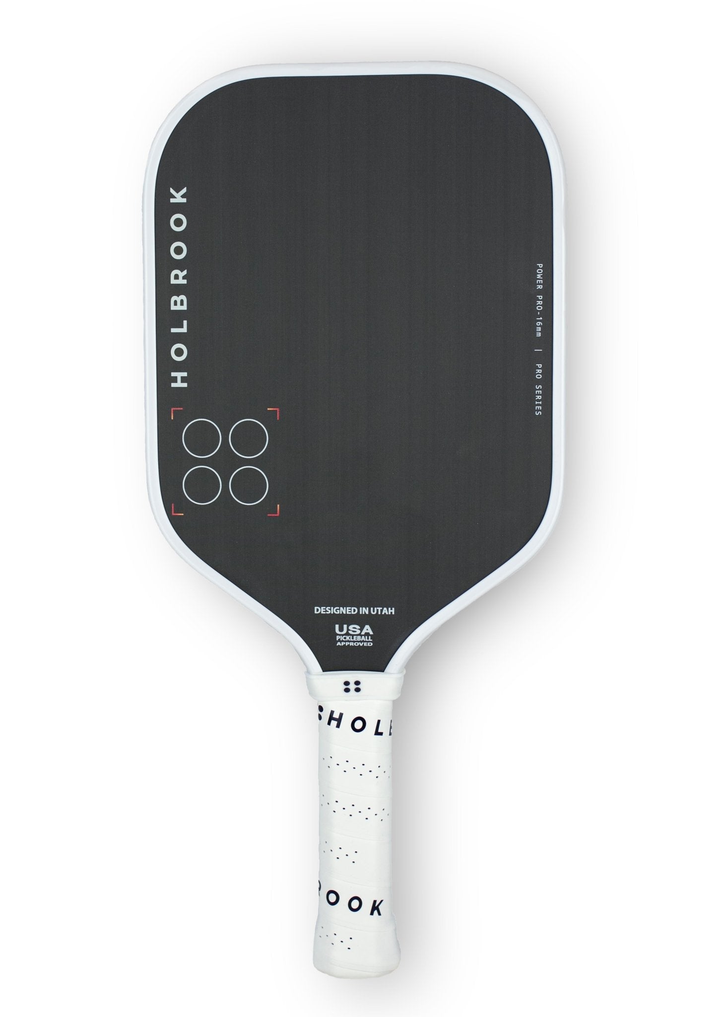 A black pickleball paddle named "Holbrook Power Pro 16mm" with the brand name "Holbrook" in white text on the left edge, and white circles and text below it. The handle is white with "Holbrook" printed at the top.