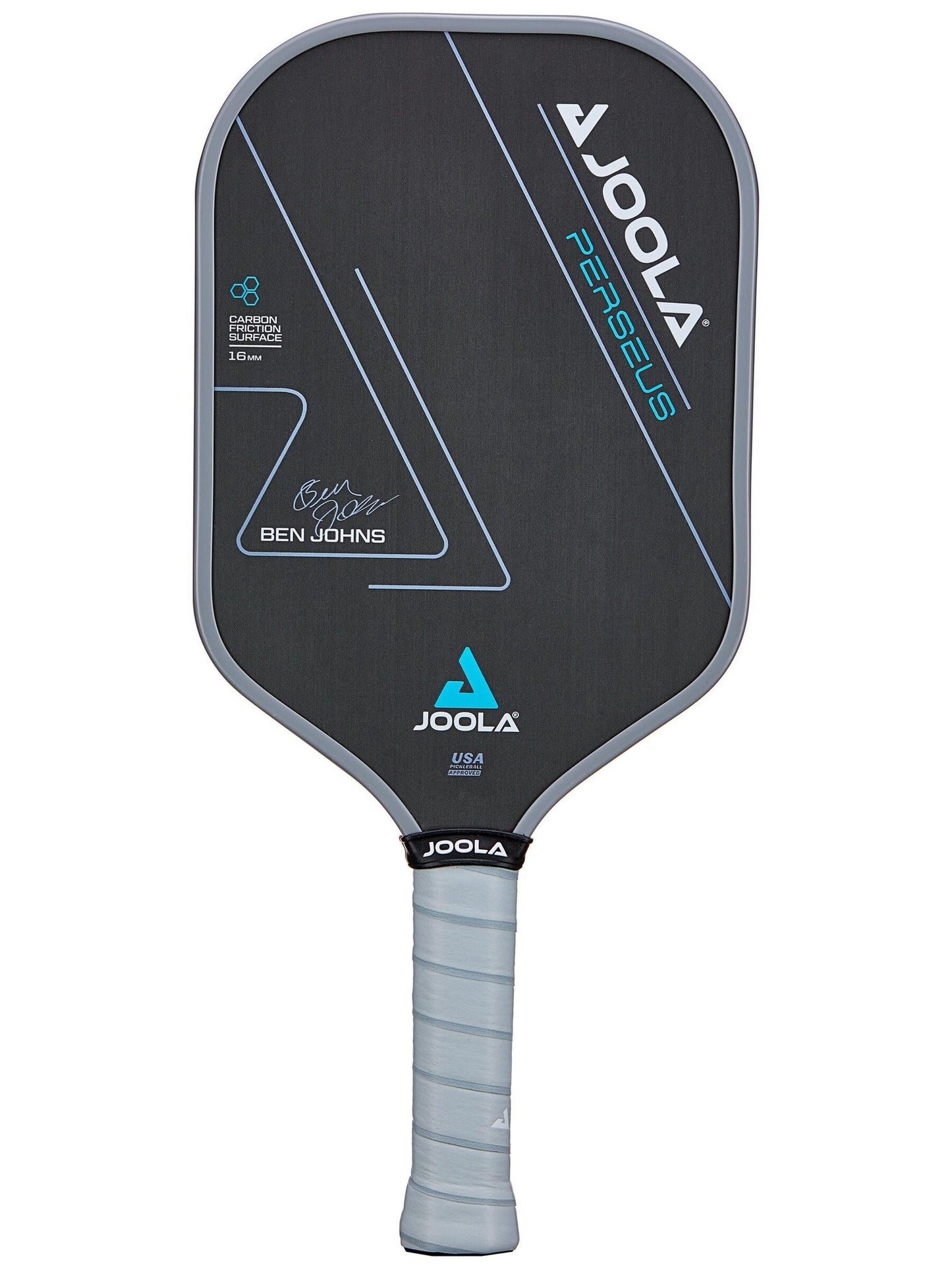 A JOOLA Ben Johns Perseus CFS 16mm Pickleball Paddle with a black and blue handle.