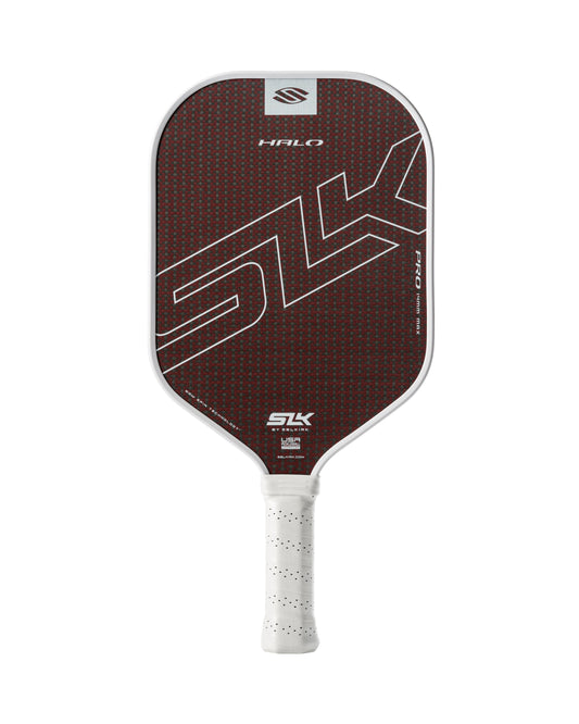 Selkirk SLK HALO Pro Max 14mm Pickleball Paddle with a red, patterned surface, white edge, and a white handle, featuring the "SLK" brand logo.