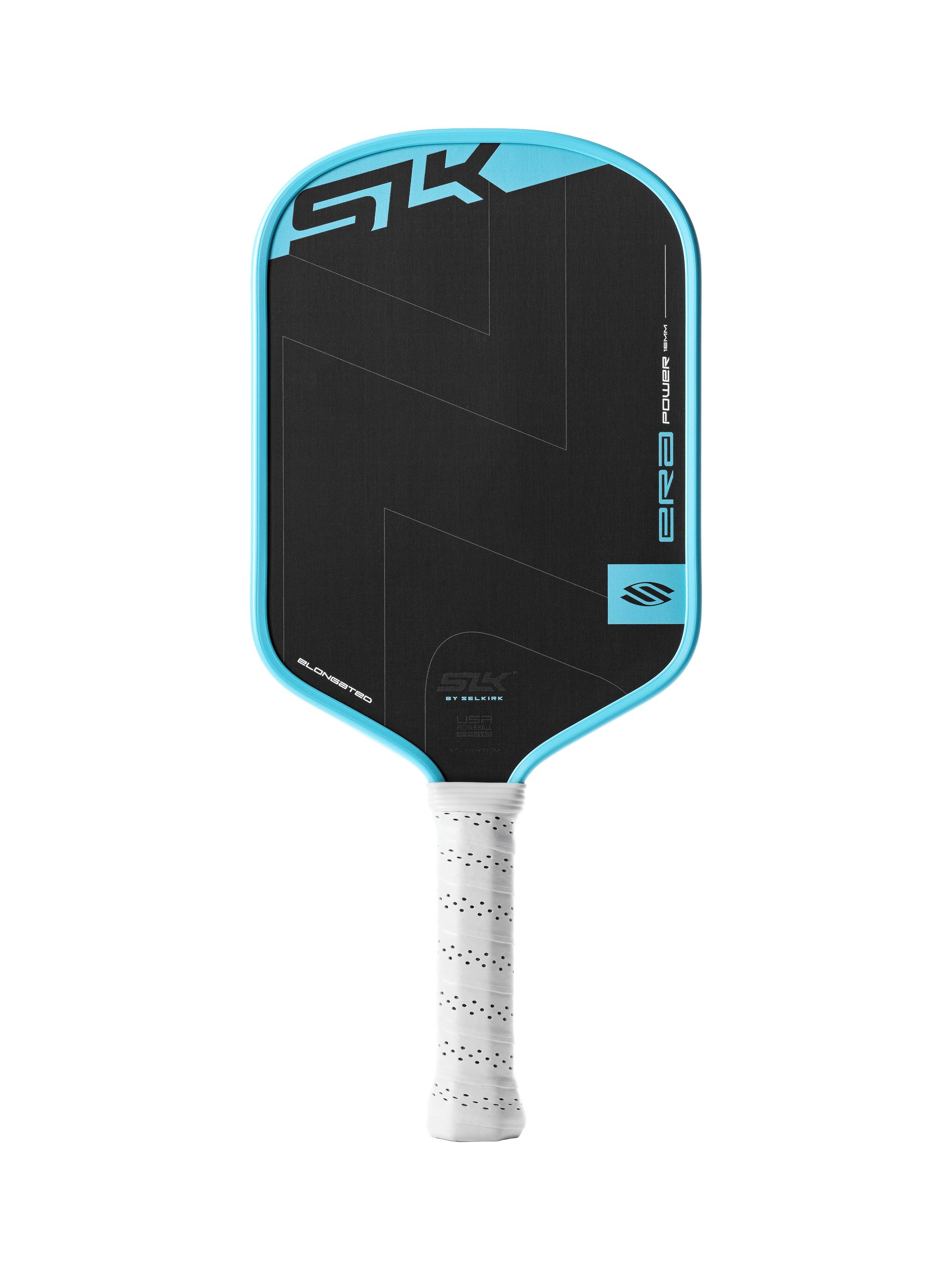 The Selkirk SLK ERA Power - Elongated paddle by Selkirk features a black and blue geometric face and a white perforated grip, combining eye-catching design with performance.