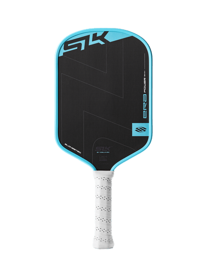 The Selkirk SLK ERA Power - Elongated paddle by Selkirk features a black and blue geometric face and a white perforated grip, combining eye-catching design with performance.