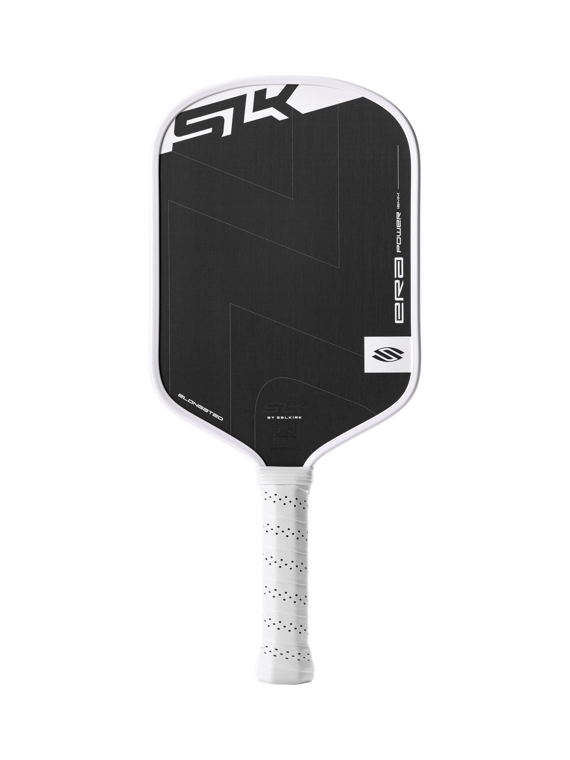This product description features the Selkirk SLK ERA Power - Elongated, a black and white pickleball paddle with a textured surface, perforated white grip, and the Selkirk logo with “ERA” shown on the face.