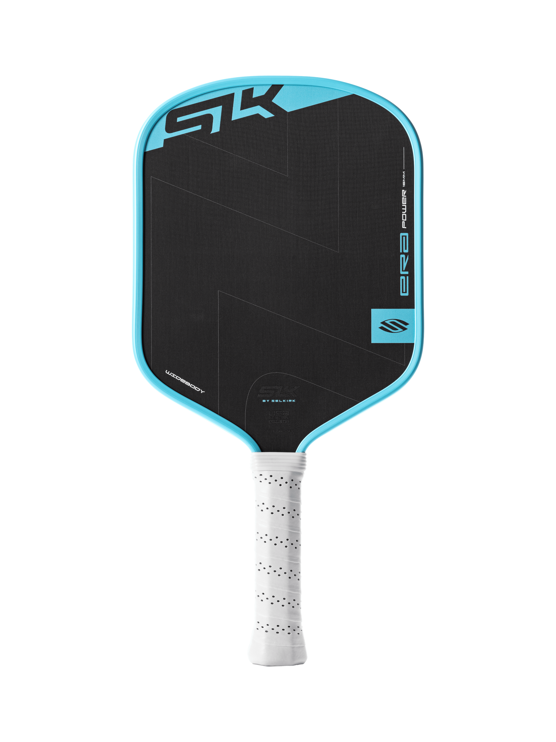 The Selkirk SLK ERA Power - Widebody pickleball paddle by Selkirk features a black design with a blue edge, white grip, and displays "SK" and "ERO" on the face.